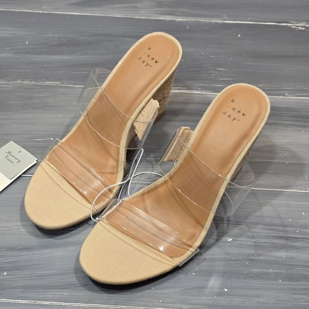 A New Day Ansel Espadrille Wedge Sandals Clear Double‎ Strap Tan